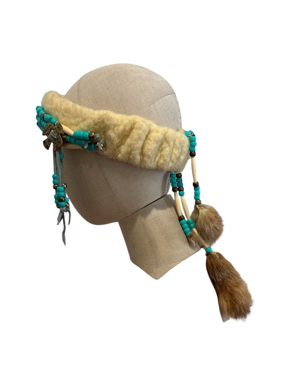 VTG NATIVE INSPIRED HEADBAND THUNDERBIRD MEDAL & SILVER W FAUX TURQUOISE BEADS - Picture 6 of 7